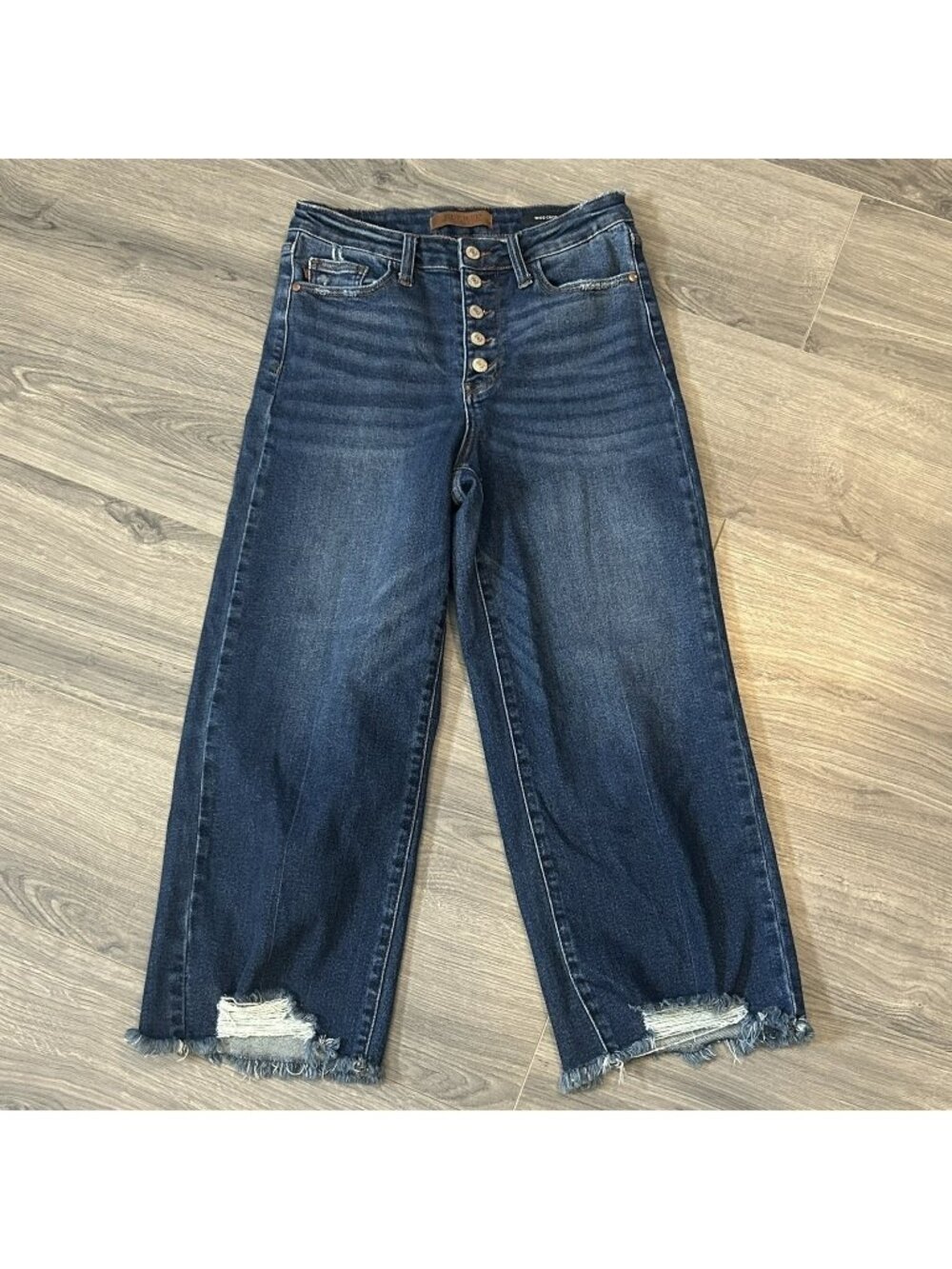 Judy Blue Wide Crop Jeans Womens 7/28 Blue High Rise Distressed Fringe Denim
